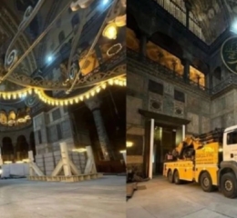 Γερανοί και φορτηγά&#8230; μέσα στην Αγία Σοφία: Εικόνες που προκαλούν ντροπή και ερωτήματα