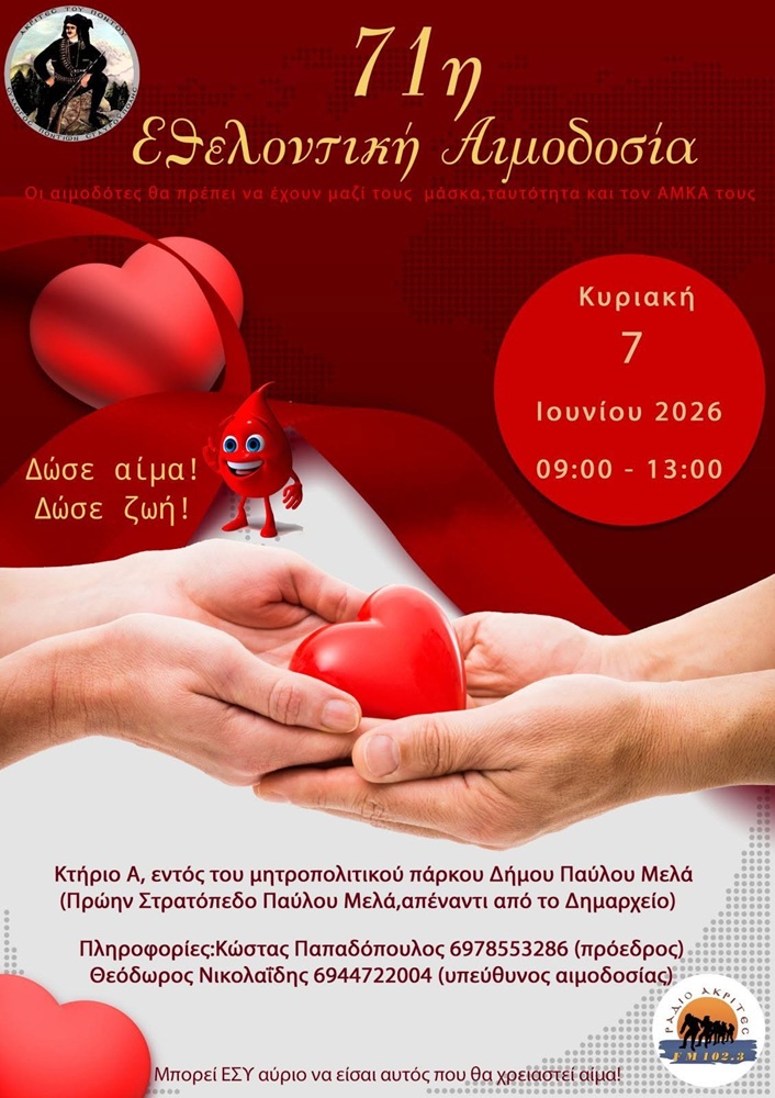 Έρχεται η 71η Εθελοντική Αιμοδοσία των «Ακριτών» Σταυρούπολης
